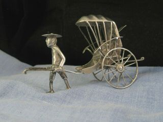 Antique Chinese Silver Rickshaw Miniature Figurine Man & Cart