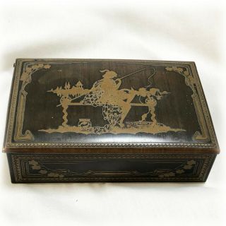 Art Nouveau Jewelry Box With Copper Brass Inlay Antique C.  1900 Wood Box Base