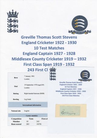 Greville Stevens England Test Cricketer 1922 - 30 Rare Autograph Cutting