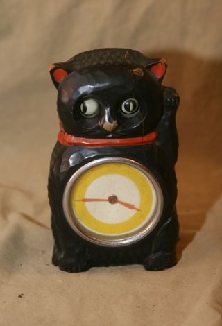 Vintage Antique 6.  5 " Carved Wood Painted Black Cat Alarm Clock For Repair