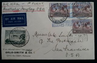 Rare 1937 Australia 1st Flight Cover Australia - Hong Kong - Special Cancel