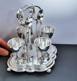 Vintage Silver Plate Egg Cup Stand With Egg Cups And Spoons.  Ball Feet