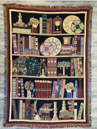Goodwin Weavers Vintage Fringed Tapestry Throw Blanket 68”x 48” Bookshelf Scene