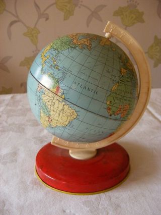 True Vintage 1960s Small Tinplate Coloured Rotating World Globe On Stand