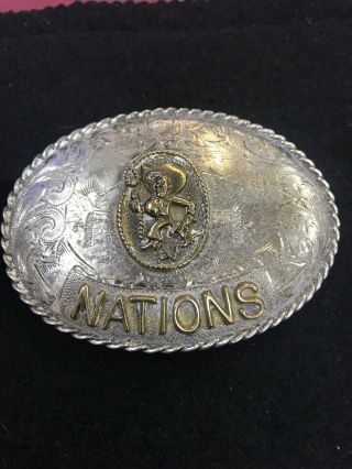 Vintage Rare Western Silversmith Sterling Belt Buckle " Nations "