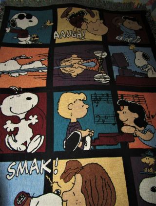 Rare Peanuts Snoopy Charlie Brown Lucy Woodstock Fringed Blanket Throw Gr8 Cond