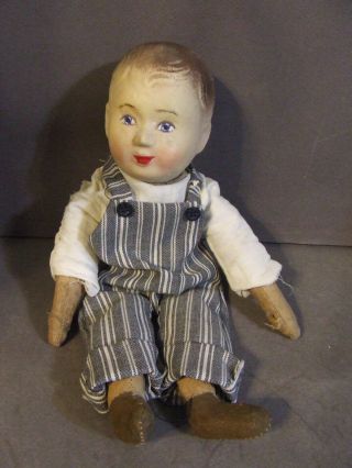 Antique Vintage Hand Painted Paper Mache Straw Boy Doll In Striped Overalls