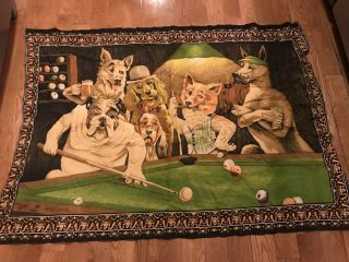 Vintage Dogs Playing Pool Billiards Tapestry Wall Hanging 53”x 40” Man Cave Art