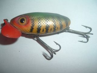Vintage Fred Arbogast Jitterbug Red Plastic Lip Bent Crooked Body Perch Pattern