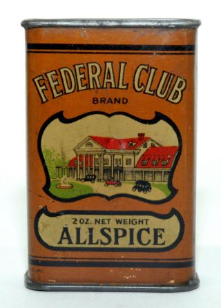 Rare Federal Club Brand Allspice Advertising Spice Tin Can,  Cleveland,  O.