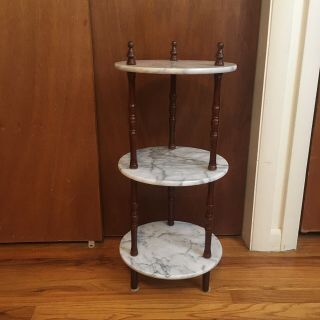Vintage Wood Spindle & Marble 3 Tier Plant Stand Curio Display Table 28”