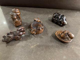 Netsuke - Japanese Hand Carved Wooden Netsuke Of Frogs And Mice