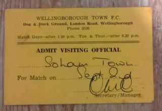 Vintage Complementary Pass To Wellingborough Town Football Club 1960 