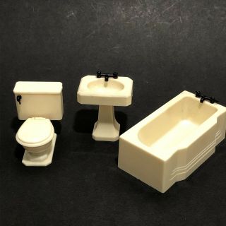 Renwal Dollhouse Furniture Tub Toilet Sink Cream Color Vintage 1:16