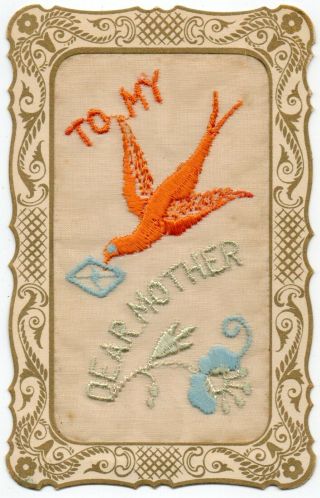 Rare: Art Deco Style: To My Dear Mother: Embroidered Silk Postcard