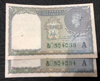 British India One Rupee 1940 Banknote George Vi Consecutive Note Rare