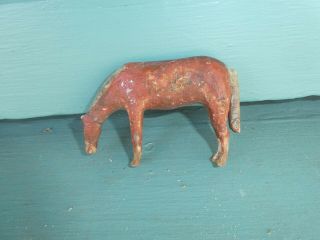 Antique German Putz Paper Mache & Wood Stick Leg Animal Brown Horse Grazing Tr