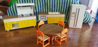 Tomy Vintage Antique Doll House Kitchen Set Stove Fridge Sink Table Furniture
