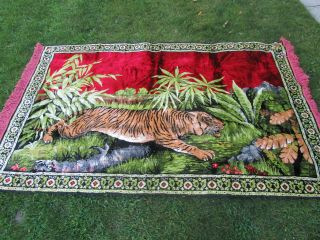 Vtg Huge Velvet Tapestry Prowling Tiger Wall Hanging Decor/ Rug W/fringe 82x48 "