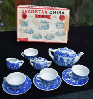 Vintage Antique Cragstan China Toy Tea Set Blue Willow W/ Box Old Japan