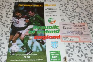 Match Programme & Ticket Republic Of Ireland V England 15 Feb 95 Cancelled Rare