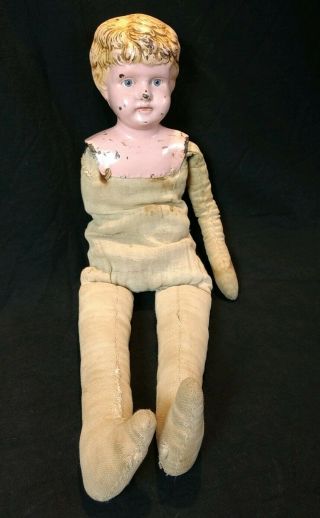 Antique Doll Tin Metal Head Grass Stuffing Creepy One Arm Doll 18 " Farmhouse