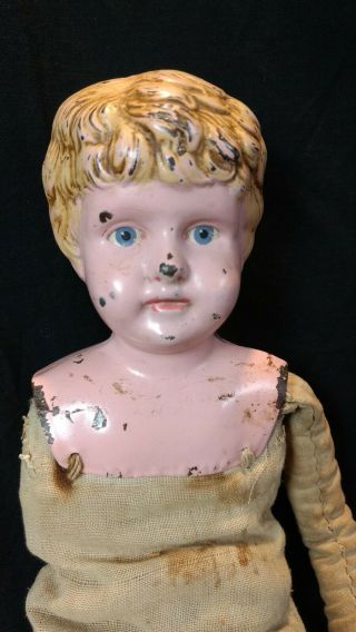 Antique Doll Tin Metal Head Grass Stuffing Creepy One Arm Doll 18 