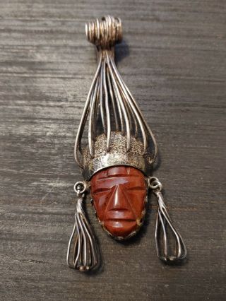 Vtg Rare Aztec Mexico Signed Sterling Silver :& Carnelian Carved Face Pendant