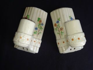 Pair Vintage Art Deco Porcelain Wall Mount Sconces Light Fixtures,  Pull Chains