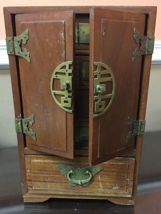 Vintage Chinese Asian Jewelry Box With Brass Accents - Wood - Rare - Antique
