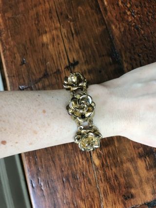Anthropologie Vintage - Look Antique Gold Metal Floral Bracelet 7.  5”
