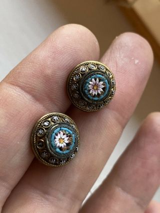 Antique Italian Micro Mosaic Micromosaic Buttons Studs Pair Cufflinks Or Brooch