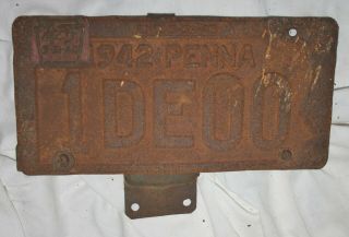 Antique 1942 Penna.  Rusty License Plate With Metal 1943 Expiration Tag & Bracket