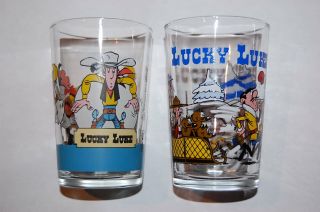 2x Vintage Lucky Luke Small Glasses Rare Set Of 2 Cups -