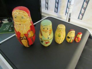 Vintage Russian Style Santa Nesting Dolls Wooden Christmas Set Of 5 W Box
