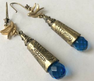 Vintage Antique Art Nouveau Blue Faceted Glass Stone Brass Swallow Earrings
