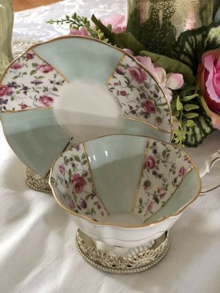 Gorgeous Vintage Queen Anne Wide Mouth Tea Cup & Saucer Aqua & Rose Chintz Rare