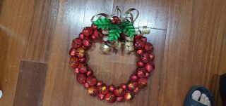 Vintage 14 " Christmas Jingle Bell Wreath Brass Metal 1.  5 " Red Sleigh Bells - Rare