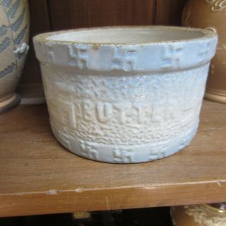 Antique Blue And White Stoneware Butter Crock With Indian Friendship Pattern