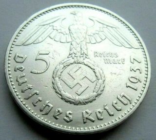 (694) Rare Wwii German 5 Mark - 1937 E - 90 Silver - Coin Big Swastika