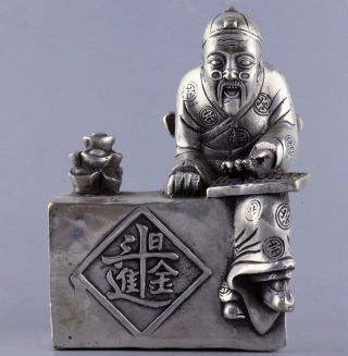 Collect Old Tibet Silver Hand - Carved Ancient Merchant & Wealth Amusing Statue