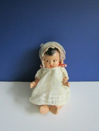 Vintage 6 1/2 " Composition Baby Doll Painted Eyes Jointed Body Lovely Clothing