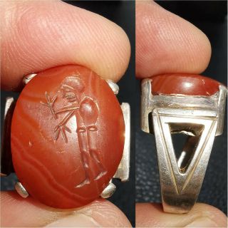 Silver Wonderful Ring With Old Stunning Roman Agate Intaglio Stone 33