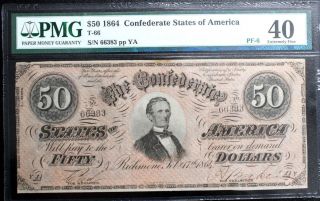 T - 66 $50 1864 Confederate Currency Csa Pmg 40 Pf - 6 R9 " 3 Over 1 " Series Rare