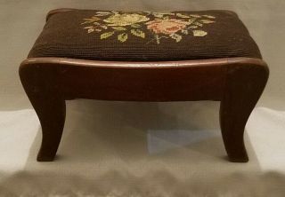 Antique/vtg Floral Needlepoint Solid Wood Foot Stool Ottoman