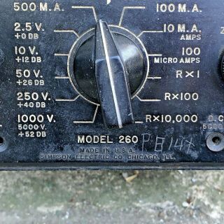 SIMPSON Model 260 METER Tube Tester Volt Ohm Multimeter Analog Vintage 3