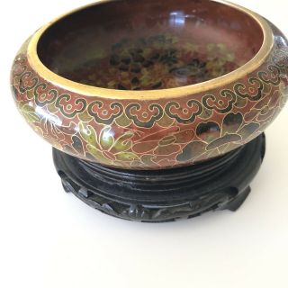 Zi Jin Cheng China Enamel Cloisonne Brass Floral Bowl & Stand Vintage Asian Deco