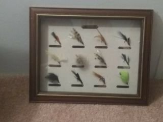 Vintage Fly Fishing Lures In Wood Shadow Box Framed