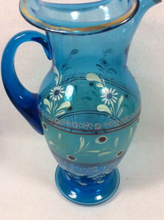 Antique Hand Painted Blue Glass Pitcher - Northwood?