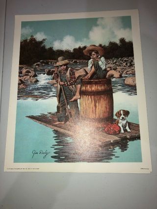 Vintage Huck Finn & Tom Sawyer Print By Jim Daly In Wood Frame 11x13.  5 " Sh